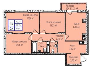 3-комн., 85.64 м², 3/17 этаж