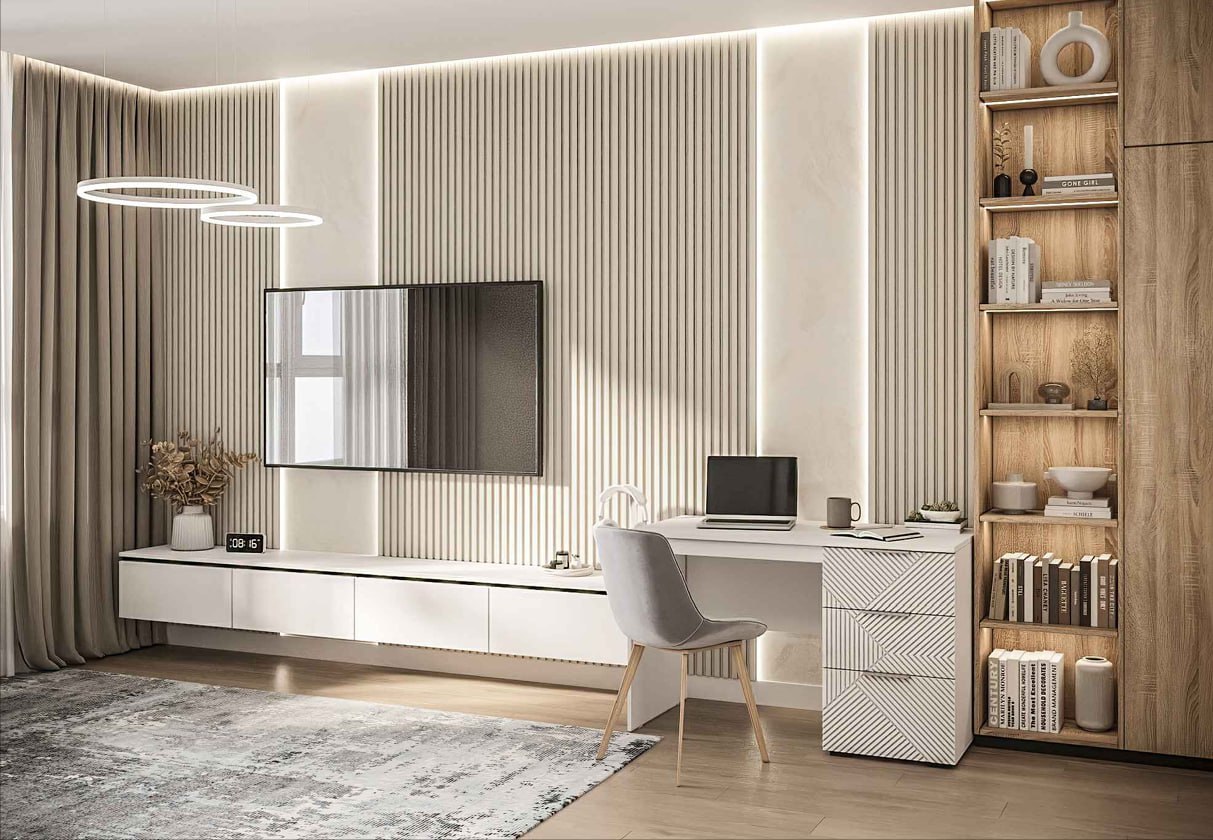 Рейки в цвет стен, рейки на мебельных фасадах и подстольях. Визуализация: Rerooms